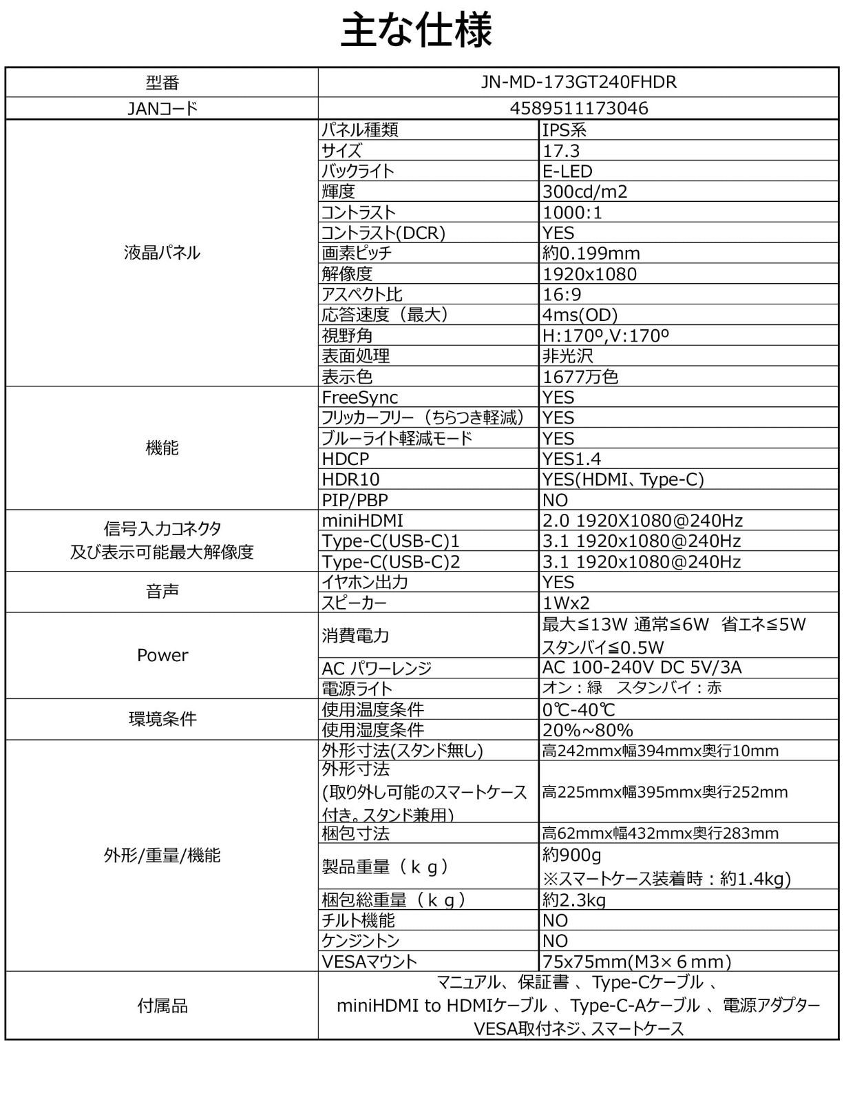 パネル フルHD IPS 1920x1080解像度 モバイルモニター スマートケース付き Type 17.3インチ C MAC PC対応 スピーカー内蔵 非光沢 JAPANNEXT JN-MD-173GT240FHDR