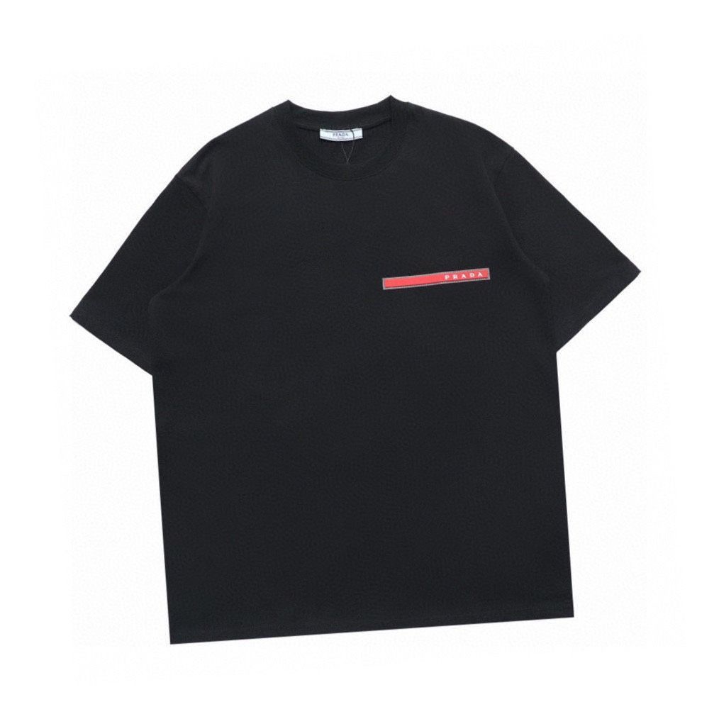 今日特価】Prada クラシックレッドテープ 丸首 半袖 T シャツ-1