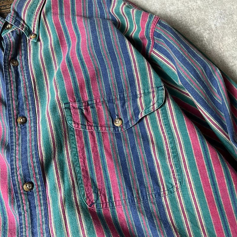 80s 黒タグ Eddie Bauer ストライプ コットン ボタンダウン シャツ L