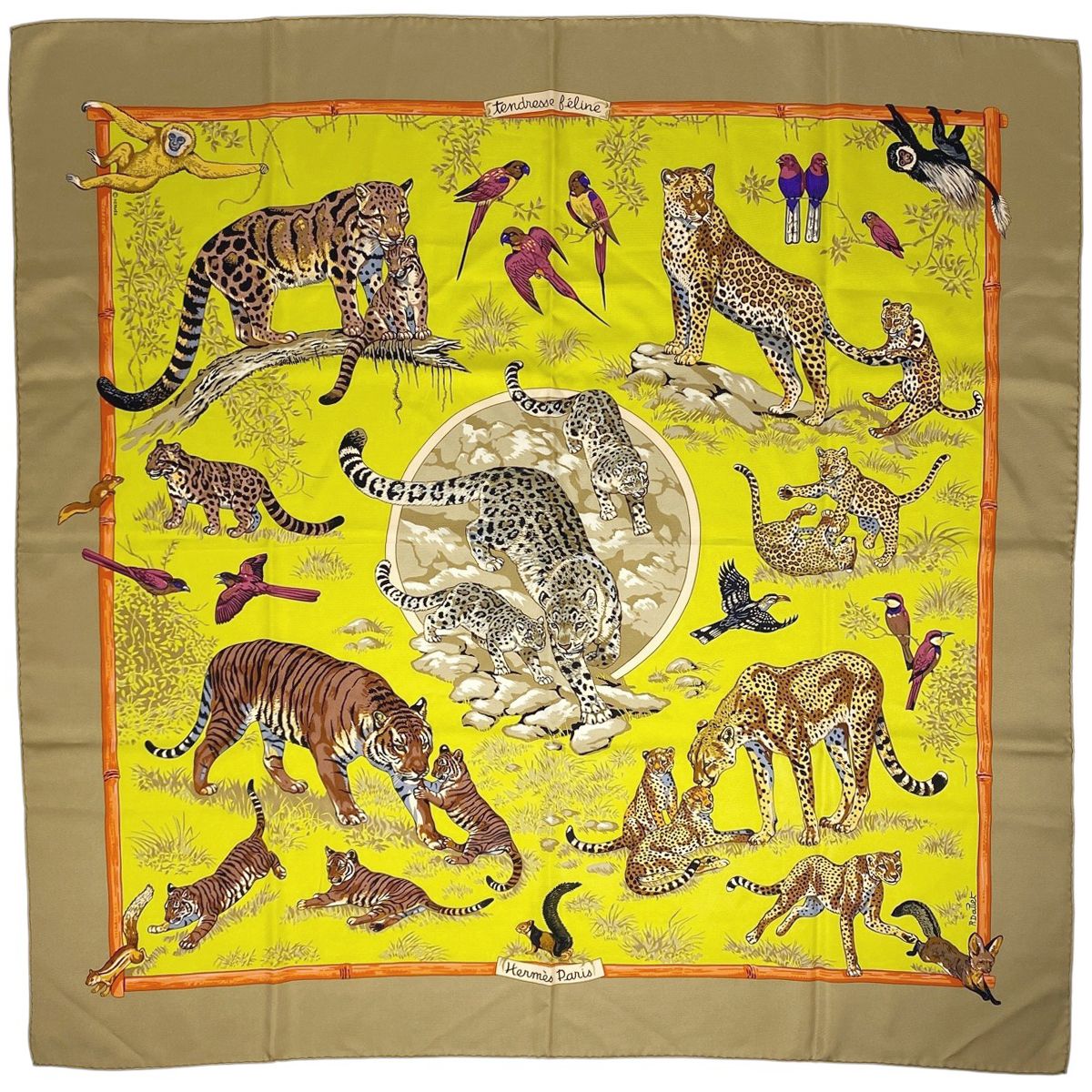 エルメス HERMES カレ 90 Tendresse Feline 野生の優しさ スカーフ シルク ブラウン イエロー マルチ レディース