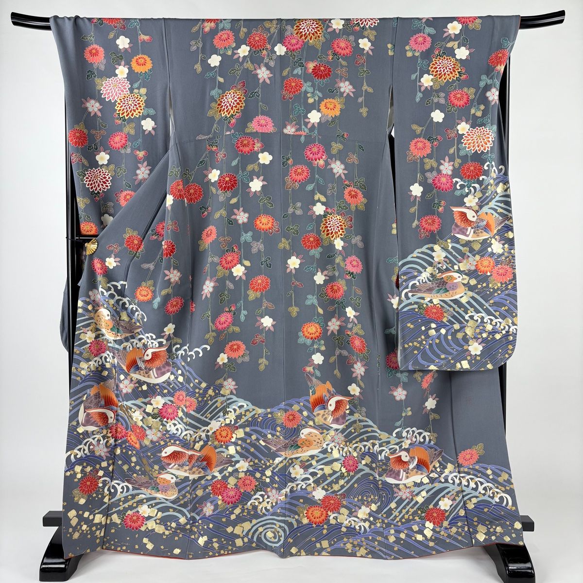 振袖 身長159-174cm 濃茶　正絹 振袖 身丈167cm 裄丈68cm L 袷 やまと 草花 斜め格子 金通し