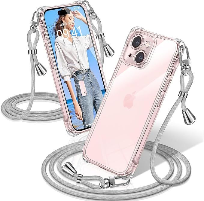 iPhone 15 ケース クリア ショルダー 耐衝撃 iPhone15 スマホケース 透明 織りストラップ付き 肩がけ 首掛け 紐付き アイフォン15 カバー 縄掛け シングルショルダーロープ 斜めがけ 調節可能なシ