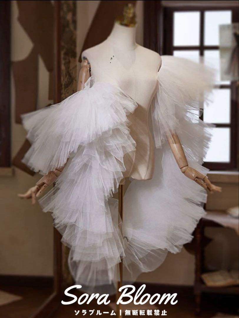  ソフトチュールのフリルがゴージャスなショール ホワイト ブライダルケープ ショール ブライダル小物