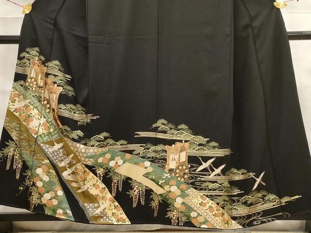 平和屋着物□豪華黒留袖 駒刺繍 束ね熨斗御所車飛鶴文 金彩 正絹