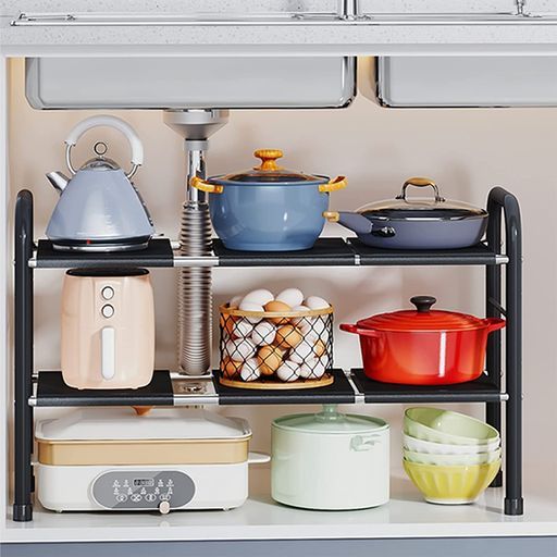 シンク下フリーラックキッチンシンク下収納ラックワイド伸縮タイプシンク下伸縮棚キッチン収納棚簡単組立洗面台下収納ラック横幅調整可能(棚板6枚2段)