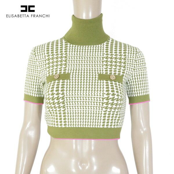 80%OFF エリザベッタフランキ ELISABETTA FRANCHI ニット 40 EKN731 Sサイズ グリーン レディース 半袖ニット ショート丈 タートルネック イタリア製