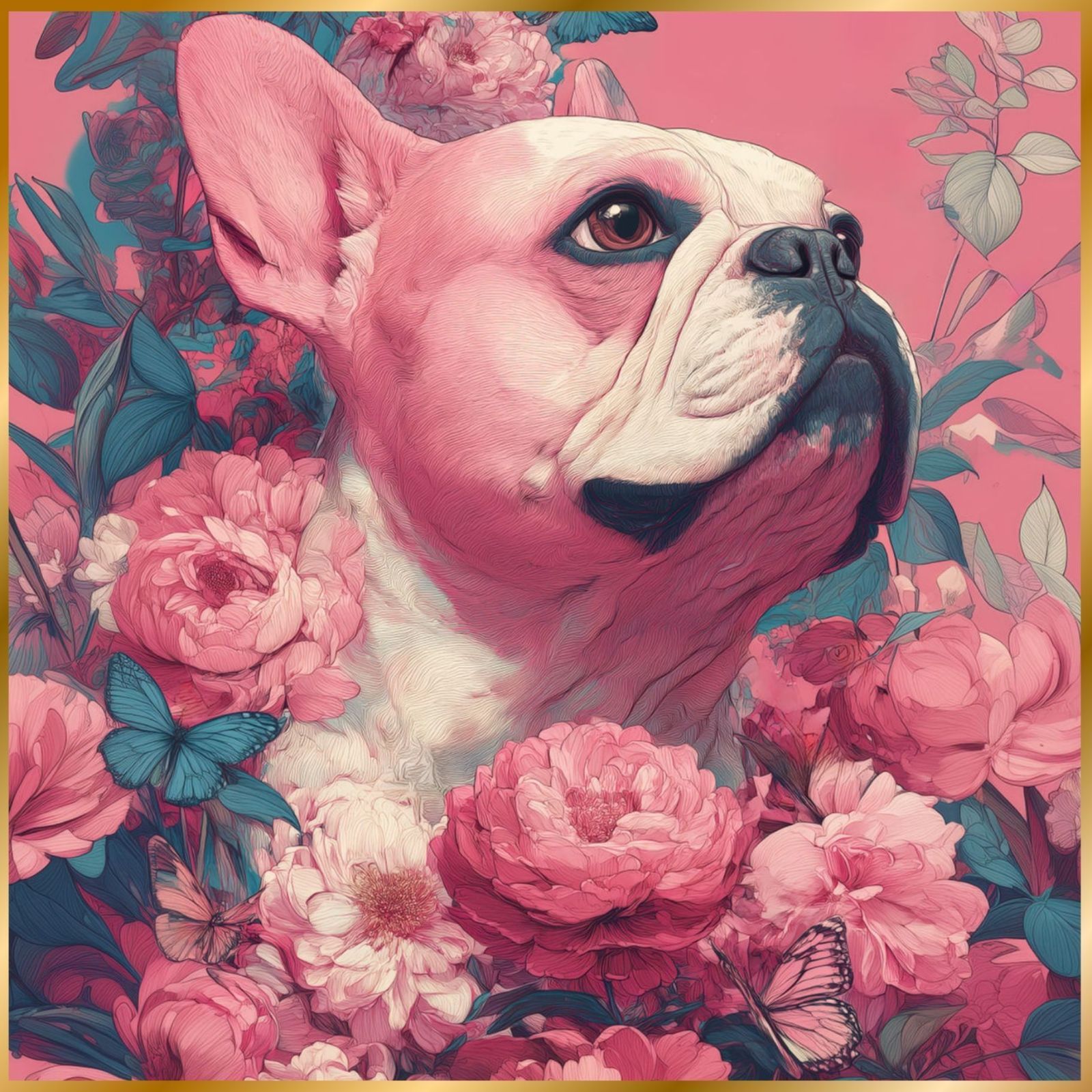 蝶よ花よ - フレンチブルドッグ犬 No.3 ピンク 犬の絵 犬のイラスト おしゃれ エレガント ゴージャス 豪華 インテリアアート ペットロス うちの子 記念日 アートポスター ギフト