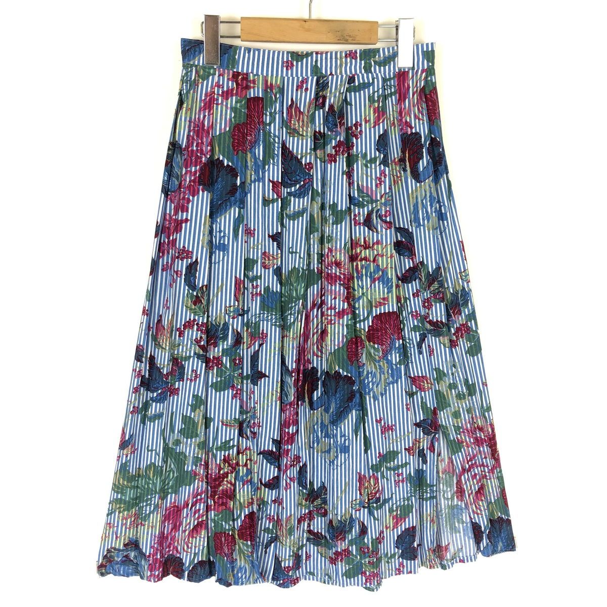 【古着】 hammer プリントスカート レーヨンスカート 花 ストライプ腹 ブルー系 レディースW26 【中古】 n029423
