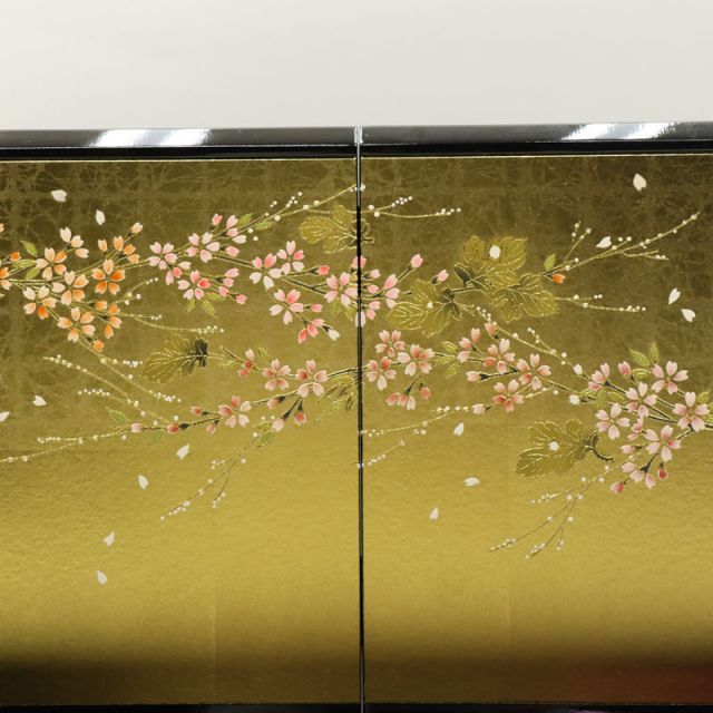 アウトレット品 台屏風セット 10号/23号 短冊に桜 平安 四曲屏風/黒塗脚付き飾台 24a-ya-0052d アウトレット品 台屏風セット 10号⁄23号 短冊に桜 平安 四曲屏風⁄黒塗