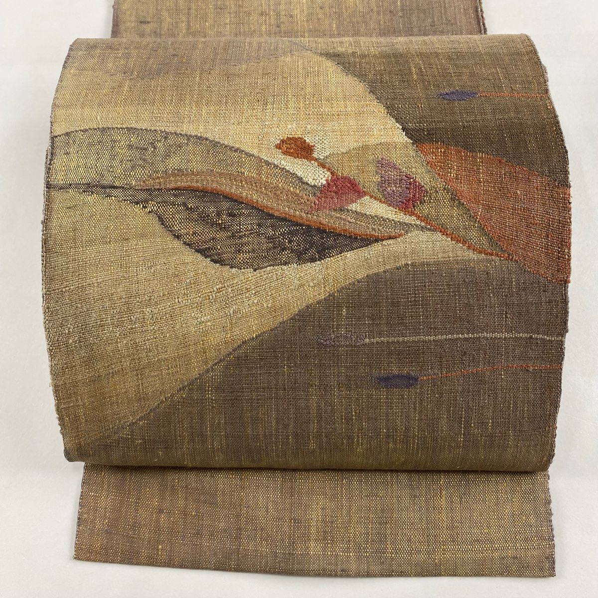 名古屋帯 秀品 八寸名古屋帯 松葉仕立て 葉 幾何学模様 金糸 茶紫 正絹