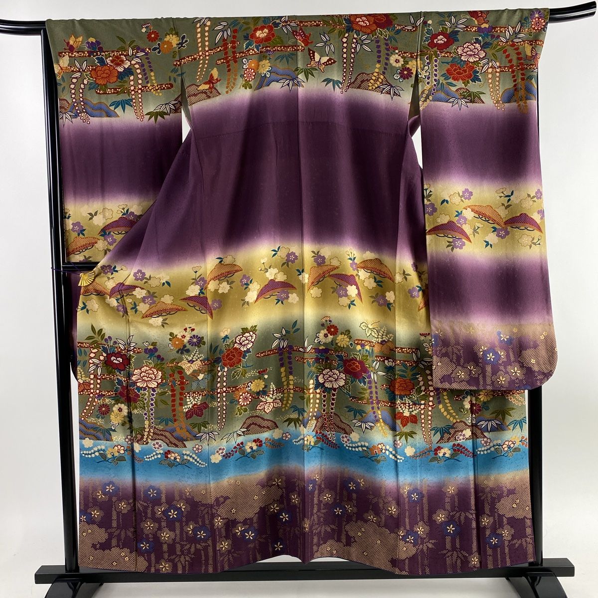 振袖 身丈156.5cm 裄丈68cm L 袷 牡丹 一女笠 金彩 刺繍 紫 