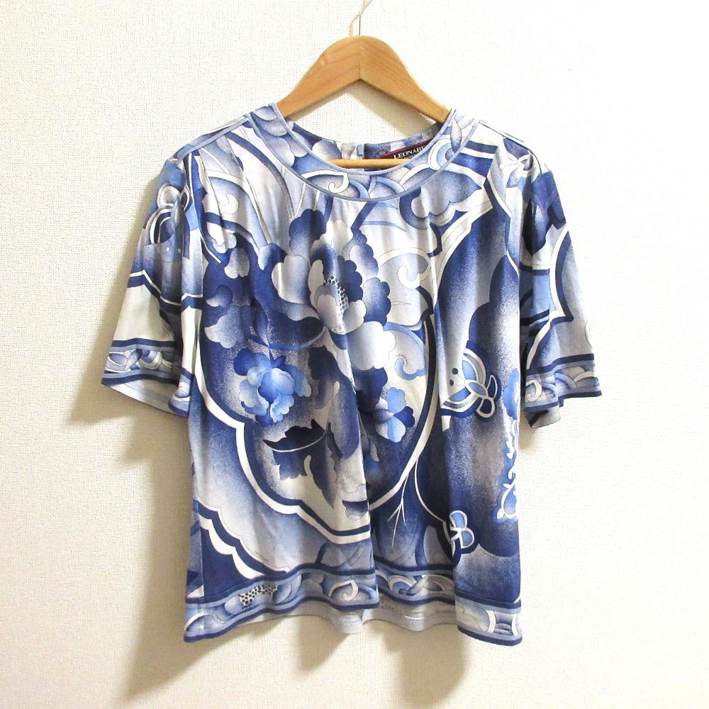 美品 LEONARD レオナール フラワープリント ショートスリーブ ブラウス L ネイビー レディース 古着 中古 良品 LEONARD レオナール フラワープリント ショートスリーブ