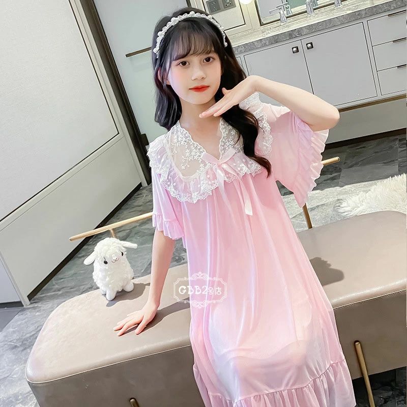 ネグリジェ キッズ パジャマ 子供パジャマ 半袖 モダール レース 女の子 夏 ロング丈 ルームウェア ワンピース パジャマ 部屋着 かわいい