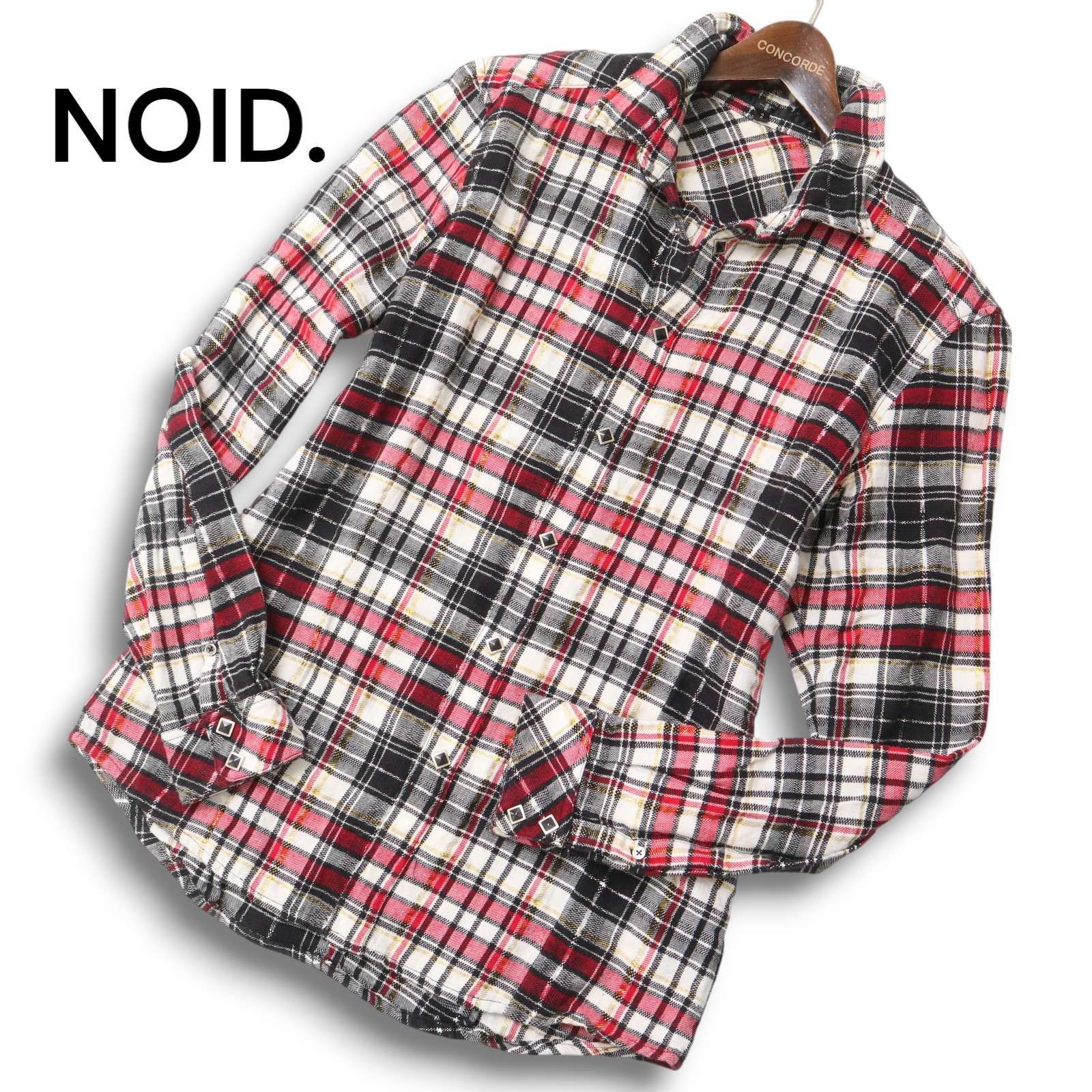 NOID. ノーアイディー 通年 襟ワイヤー 長袖 スリム ラメ チェック シャツ Sz.2 メンズ