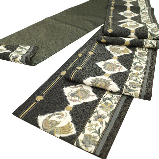 中古】すごい値！袋帯 長尺 正絹 黒 花鳥 花更紗 金通し 金彩 全通柄  