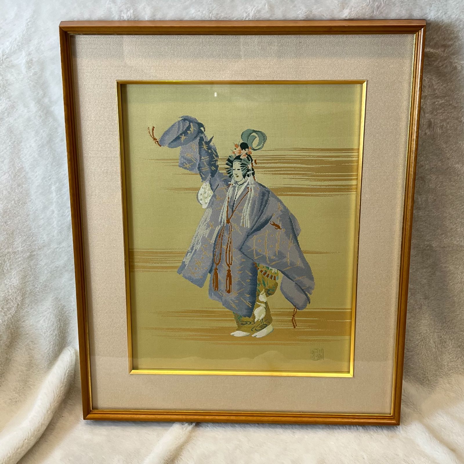 額装 川島織物 刺繍 能楽人形 刺繍 金 青 織物の額絵 伝統工芸 壁掛け 装飾 アンティーク