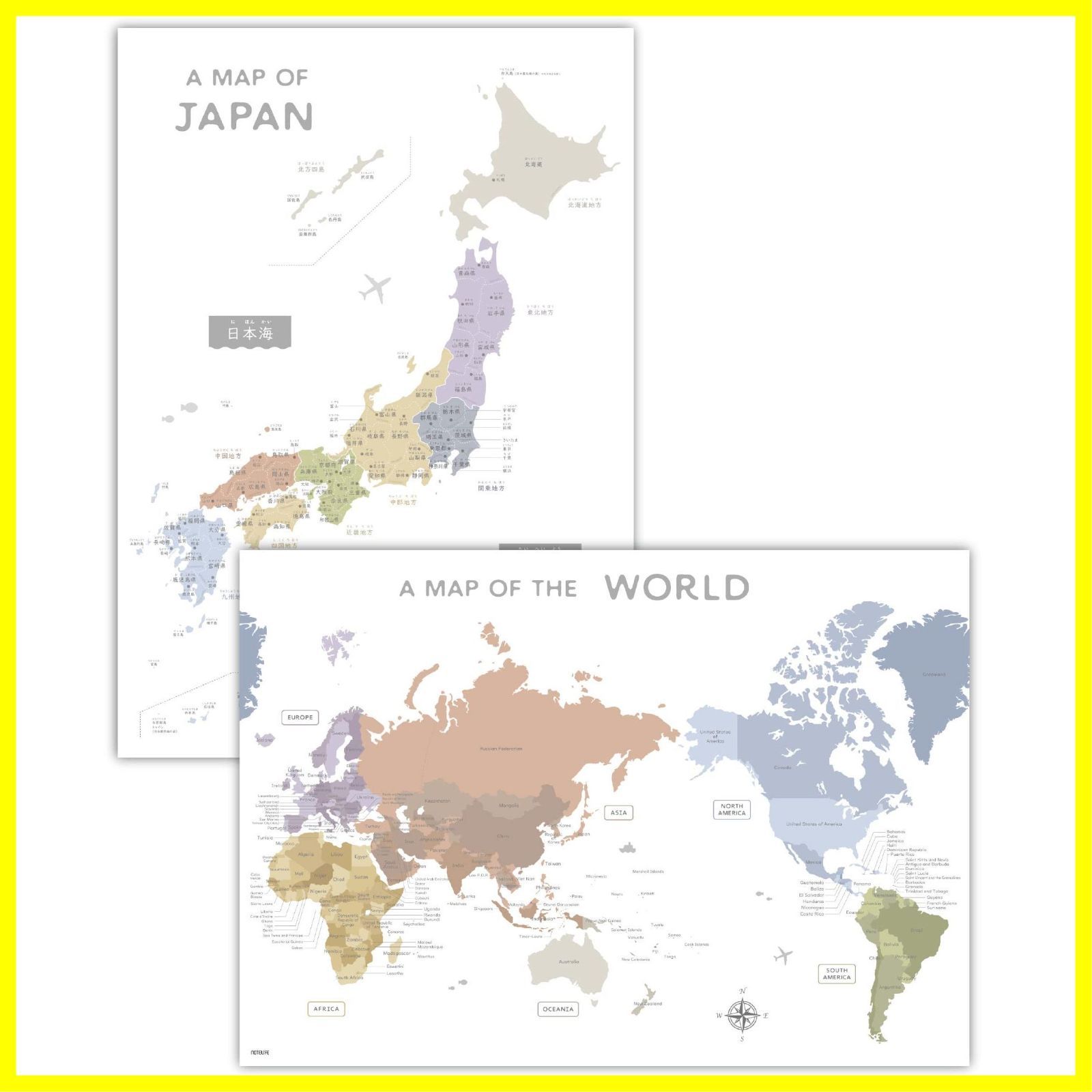 【人気商品】防水 ポスター ポスター 日本、世界地図セット (60×42cm) ノートライフ サイズ パステルカラー A2 日本製 くすみカラー (2枚セット) お風呂