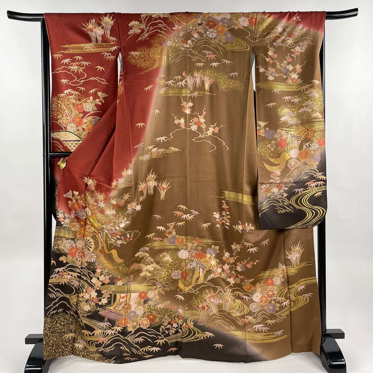 振袖 身丈174cm 裄丈67.5cm L 袷 御所車 花鳥 金糸 金彩 サーモン  