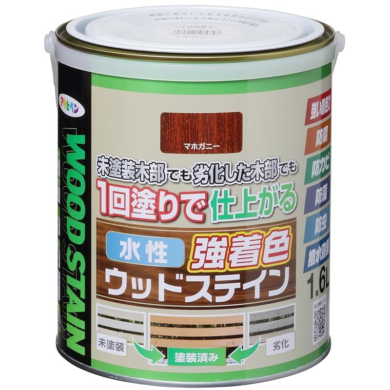 【新作，新品】 アサヒペン 塗料 ペンキ 水性強着色ウッドステイン 1.6L マホガニー 水性 木部用 1回塗り 高い隠ぺい性 低臭 はっ水性 防カビ 防虫 防腐 防藻 日本製 1 工具