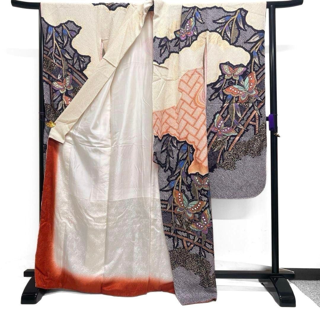 振袖　襦袢セット　総絞り　金彩　枝垂れ柳　蝶　花模様　着物　083a p 振袖 襦袢セット 総絞り 金彩 枝垂れ柳 蝶 花模様 着物 083a p