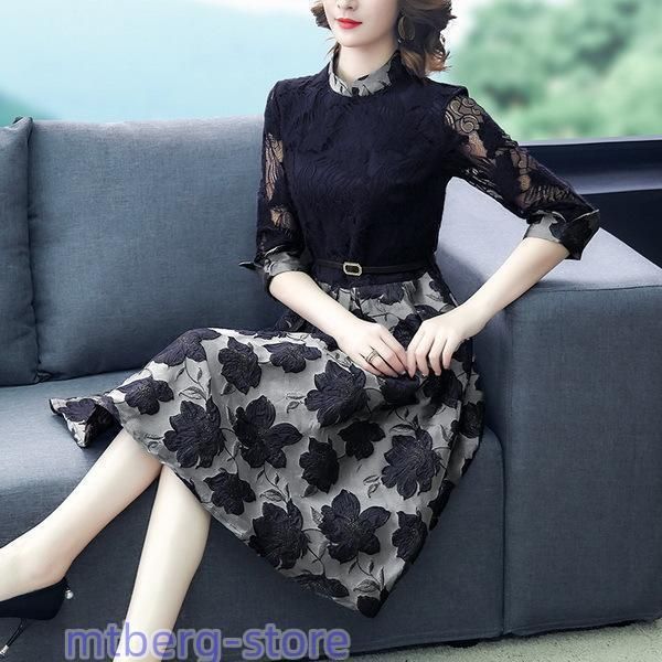 ワンピースレディース ワンピース長袖 レース刺繍花 ワンピース通勤 Aラインスカート ワンピースレディース秋 膝丈 20代30代40代50代 エレガントyd-4309 ワンピースレディース ワンピース長袖 レース刺繍花 ワンピース通勤 A