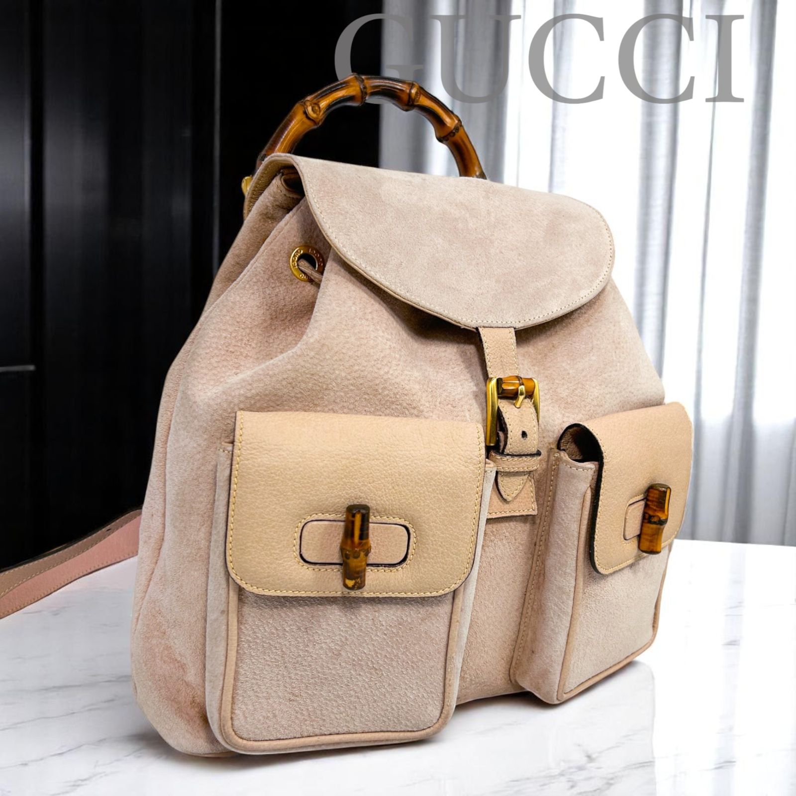 GUCCI バンブー スエード ピンク リュックサック ドローストリング
