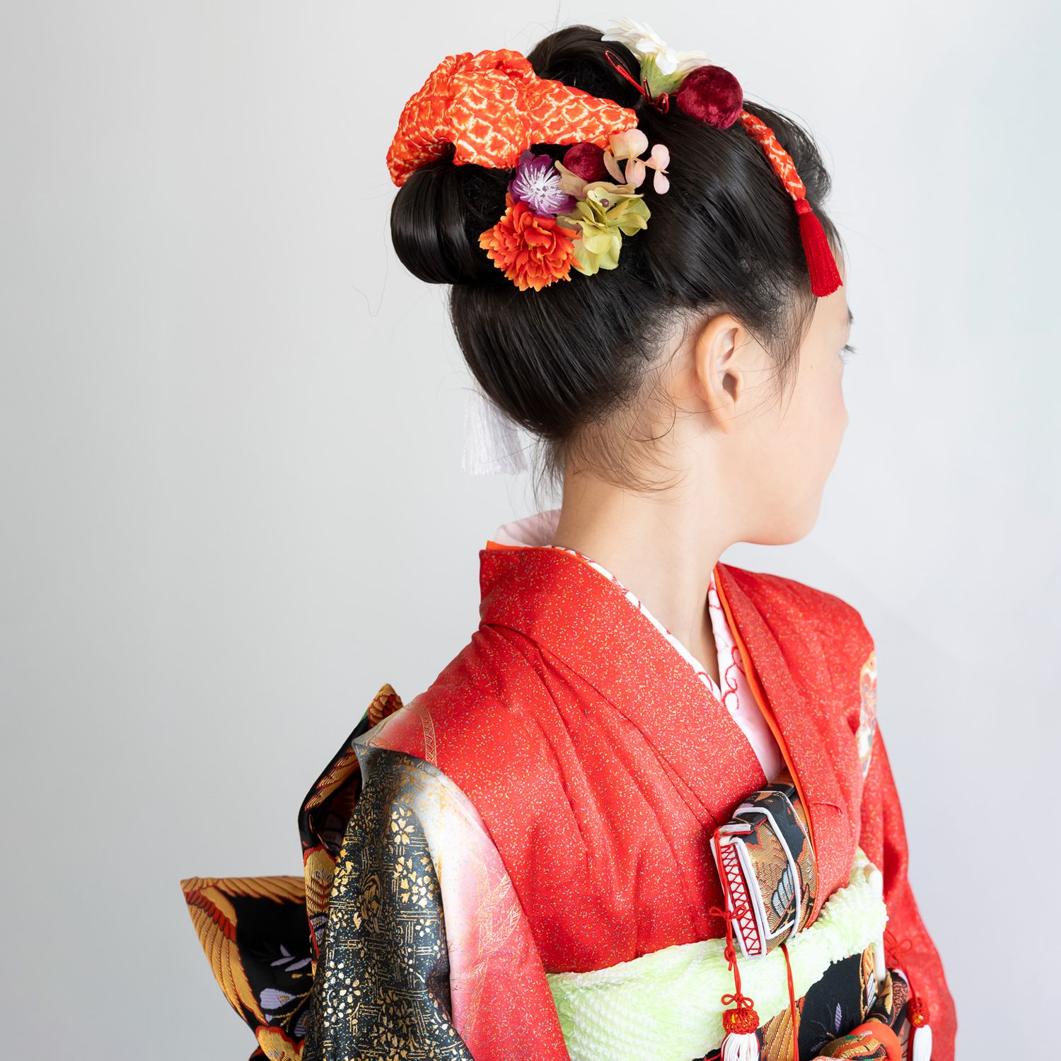 艶やか【七五三7歳～ハーフ成人式用】赤色振袖フルセット 七五三7歳日本髪/ハーフ成人式振袖髪飾り赤A】ヘッドドレス＆水引き赤