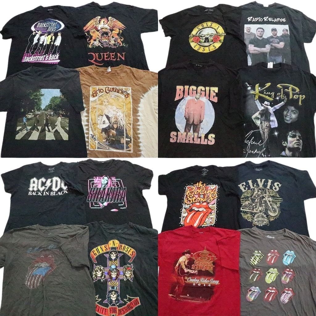 古着卸 まとめ売り 音楽・バンド 半袖Tシャツ 16枚セット (メンズ XL ) クイーン ビートルズ ローリングストーンズ ACDC ガンズ MU3971