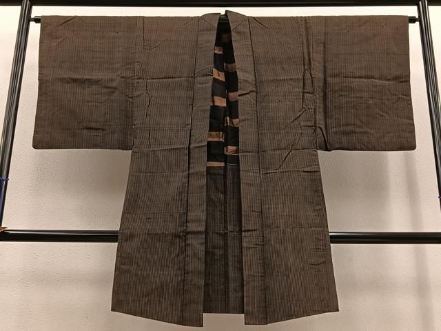 平和屋着物＃男性 長羽織 紬 縞 正絹 BAAT8940gt