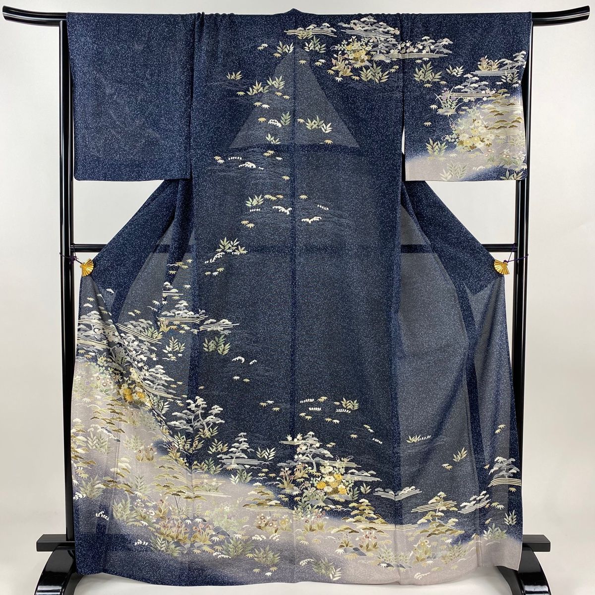 訪問着 身丈165.5cm 裄丈67.5cm L 薄物 絽 菊 霞 金糸 金彩 藍色 正絹 名品