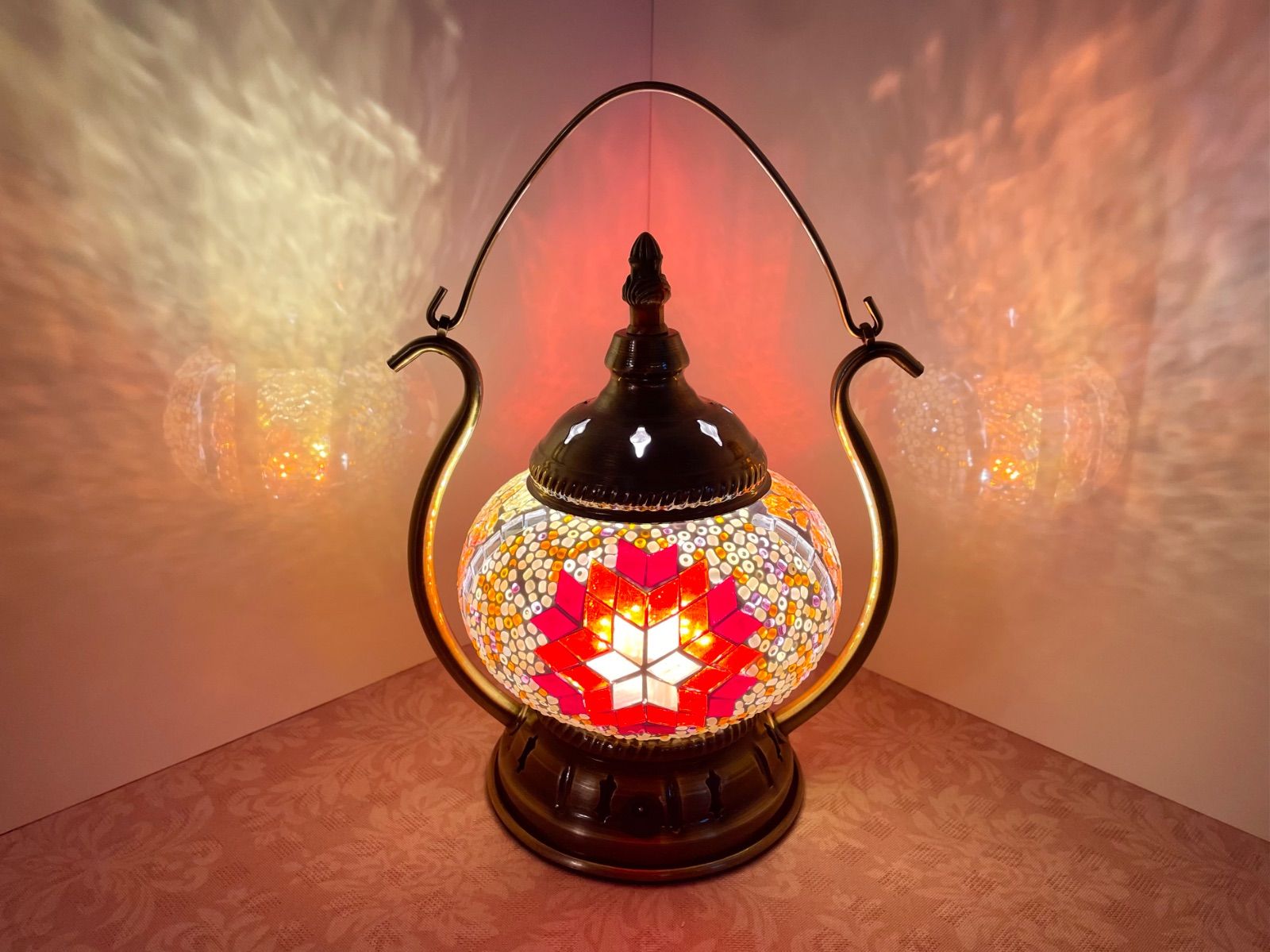 トルコモザイクランプ（充電式オレンジ）オリジナルデザインガラス