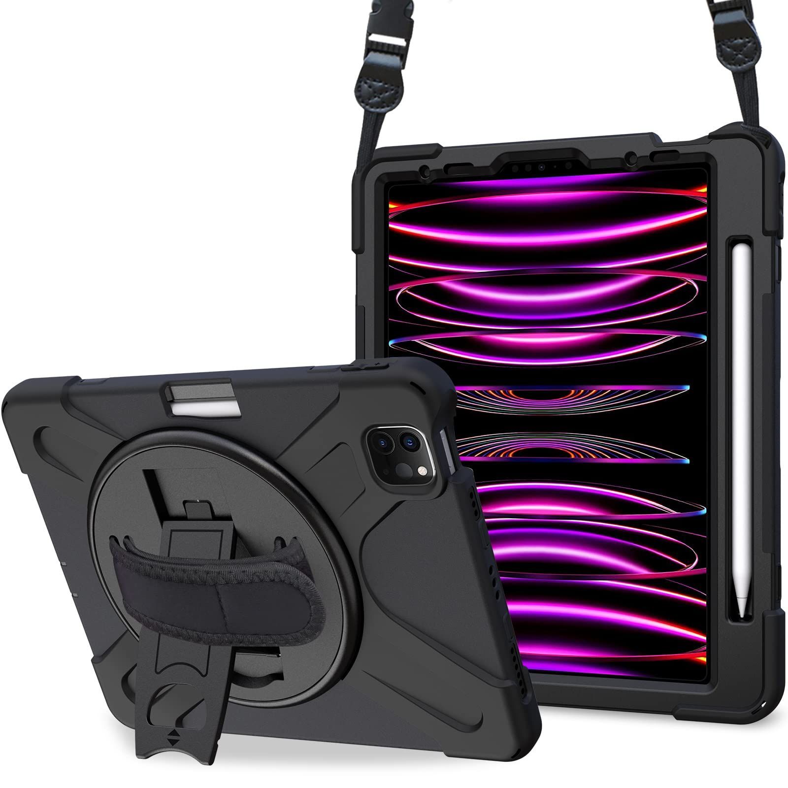 ProCase iPad Pro 12.9 ショルダーケース 第6/5/4/3世代に適用（2022 2021 2020 2018）、肩掛け式 ペンホルダーと手首付き 回転スタンド 耐衝撃バックカバー