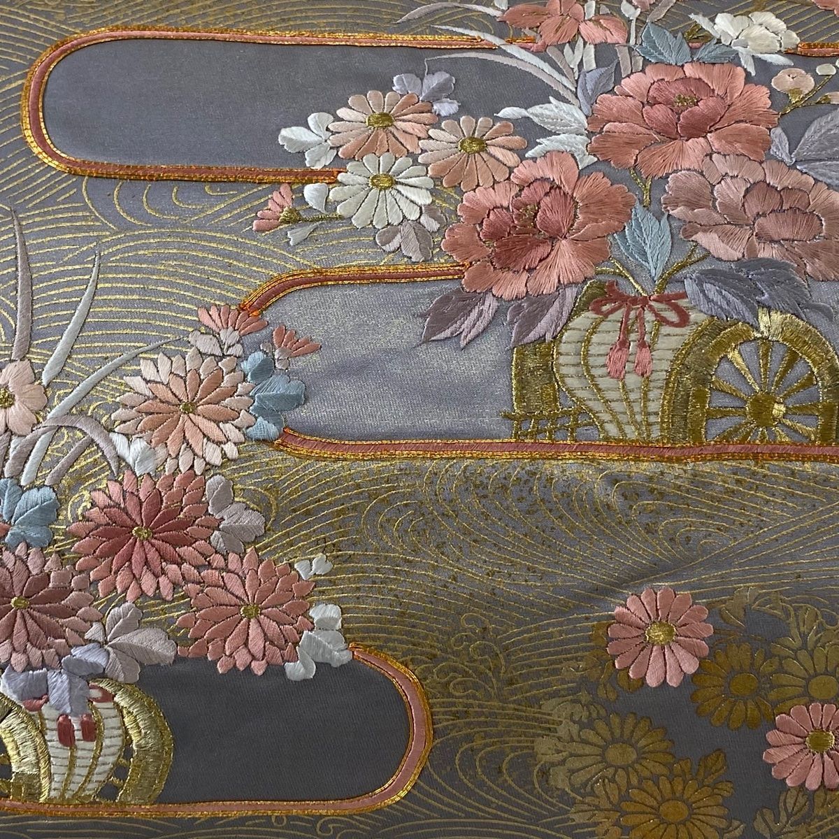 【he-016】袋帯 お太鼓柄 刺繍 正絹 名古屋帯 正絹 刺繍 お太鼓柄 九寸 帯 つ-063