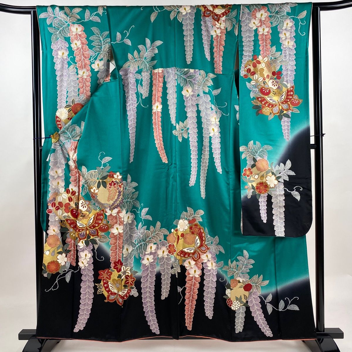 振袖 身丈161cm 裄丈64cm M 袷 蝶 花丸文 金糸 金彩 緑 正絹 名品