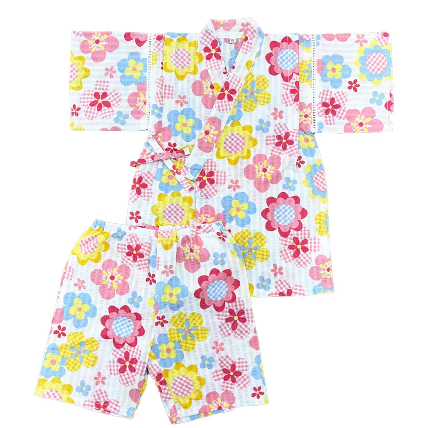 人気商品】じんべい 甚平 2点セット 花柄 リップル 綿100％ キッズ 夏 100
