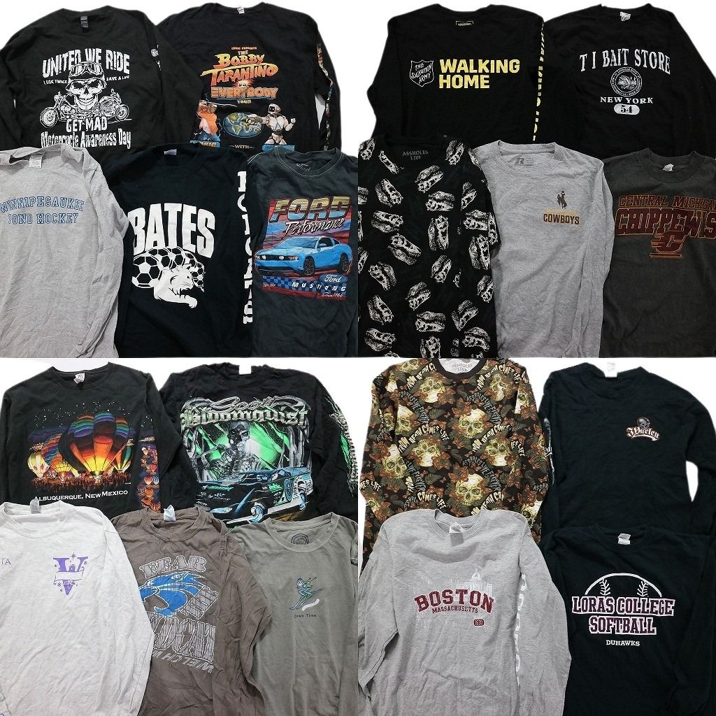 古着卸 まとめ売り 黒・グレー ボディ プリント 長袖Tシャツ 19枚セット (メンズ S /M ) カレッジ系 企業系 袖プリント 総柄 ドクロ MT8404