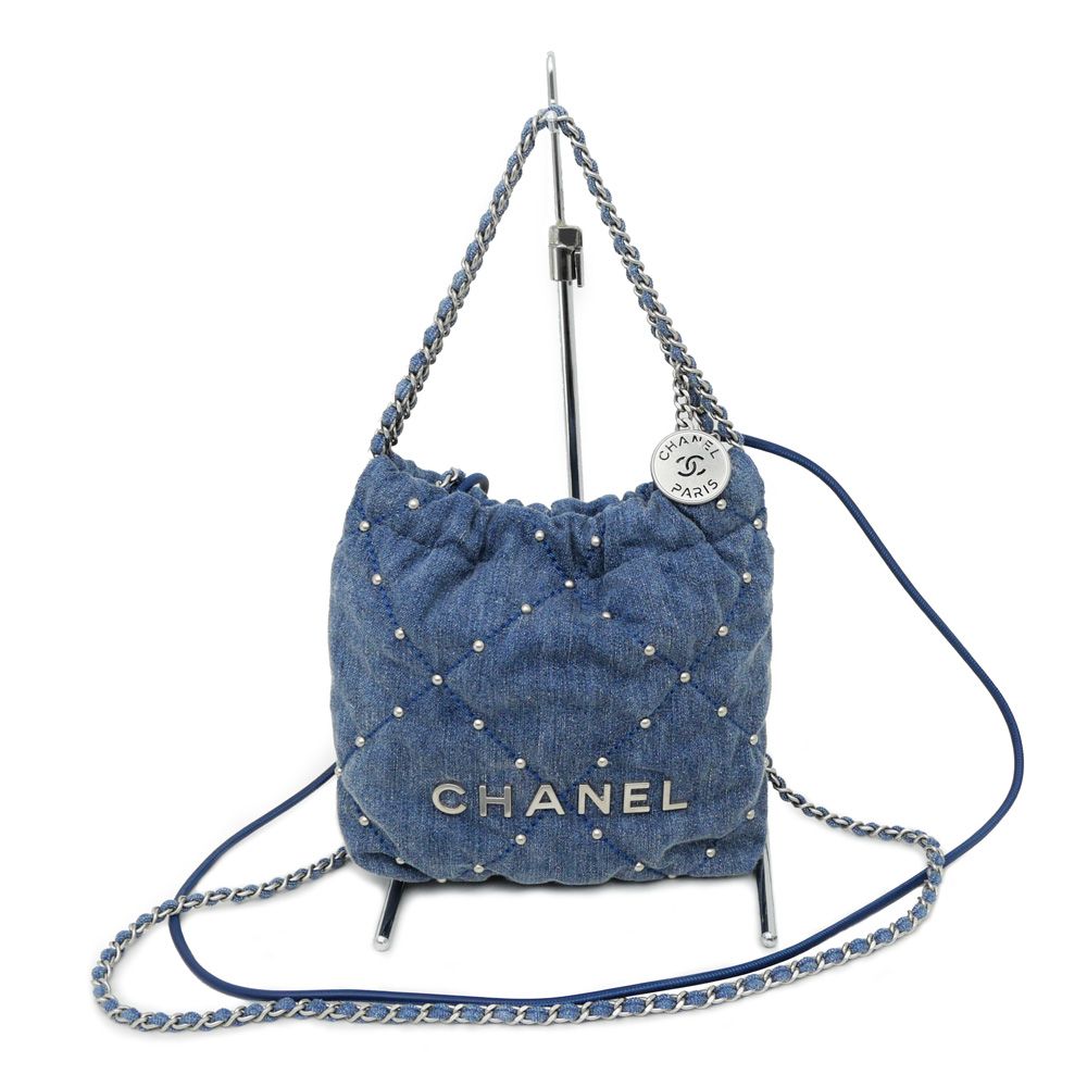 CHANEL 22 ミニショルダーハンドバッグ デニム スタッズ 名東】シャネル シャネル22 ミニ デニム スタッズ チェーン