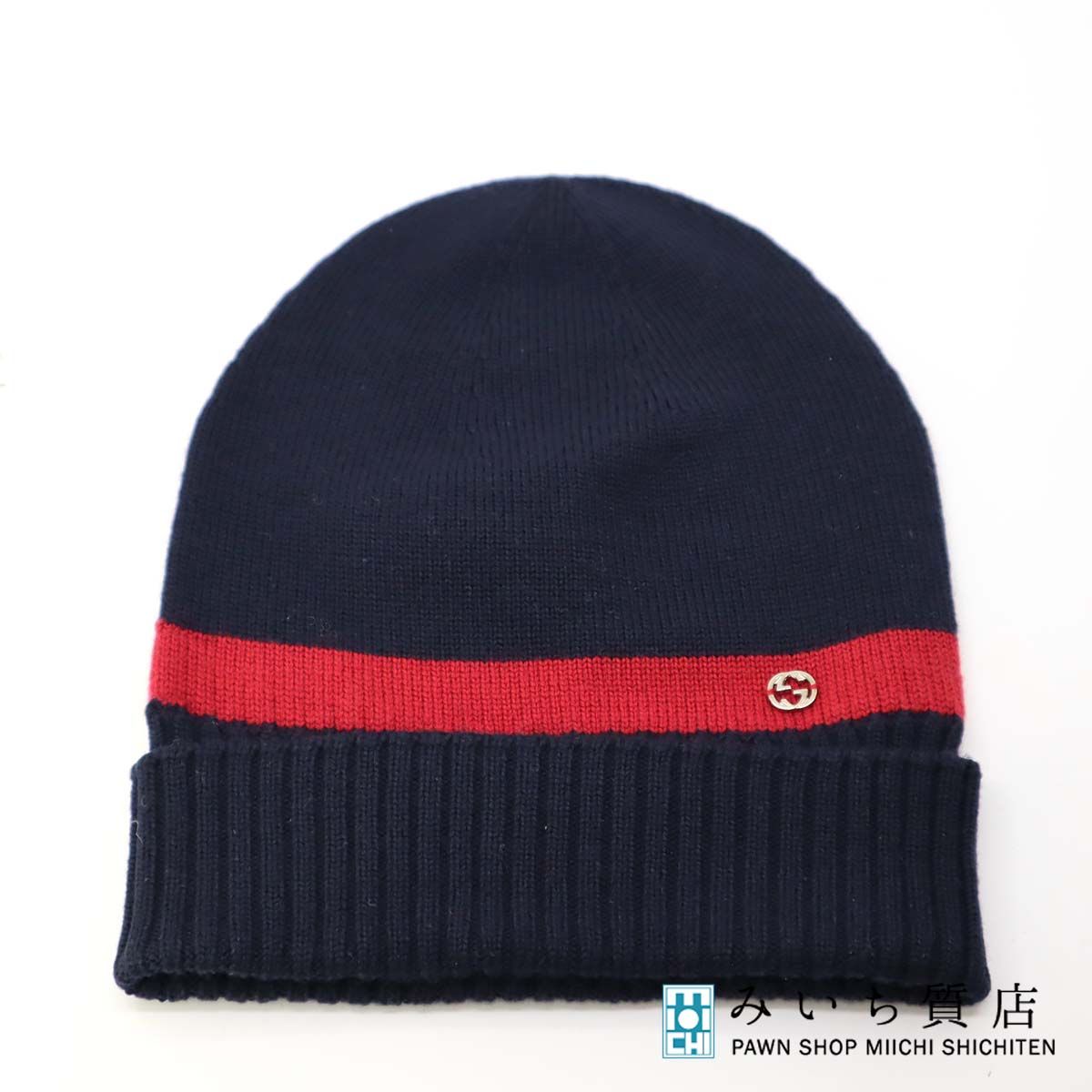 グッチ GUCCI ニット帽 M ネイビー レッド 494598 ビーニー キャップ 