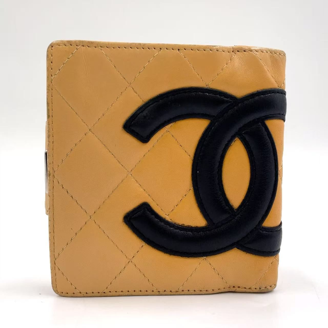 CHANEL ココマーク カンボン 二つ折り財布 9番台 レザー ブラック×ベージュ 財布