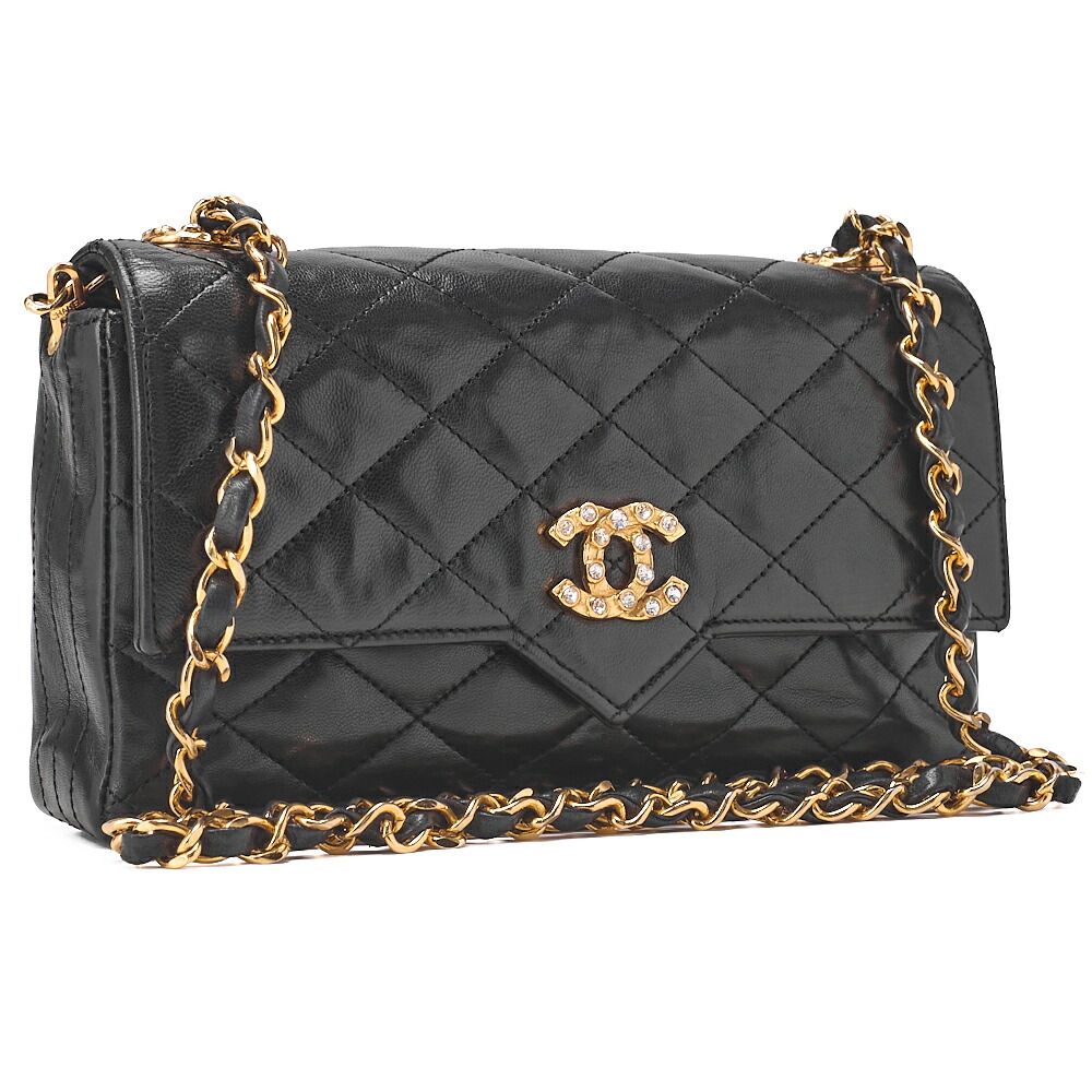 CHANEL シャネル チェーンショルダーバッグ マトラッセ ラムスキン ラインストン プッシュロック 黒 ゴールド金具 レディースバッグ ブランド 送料無料