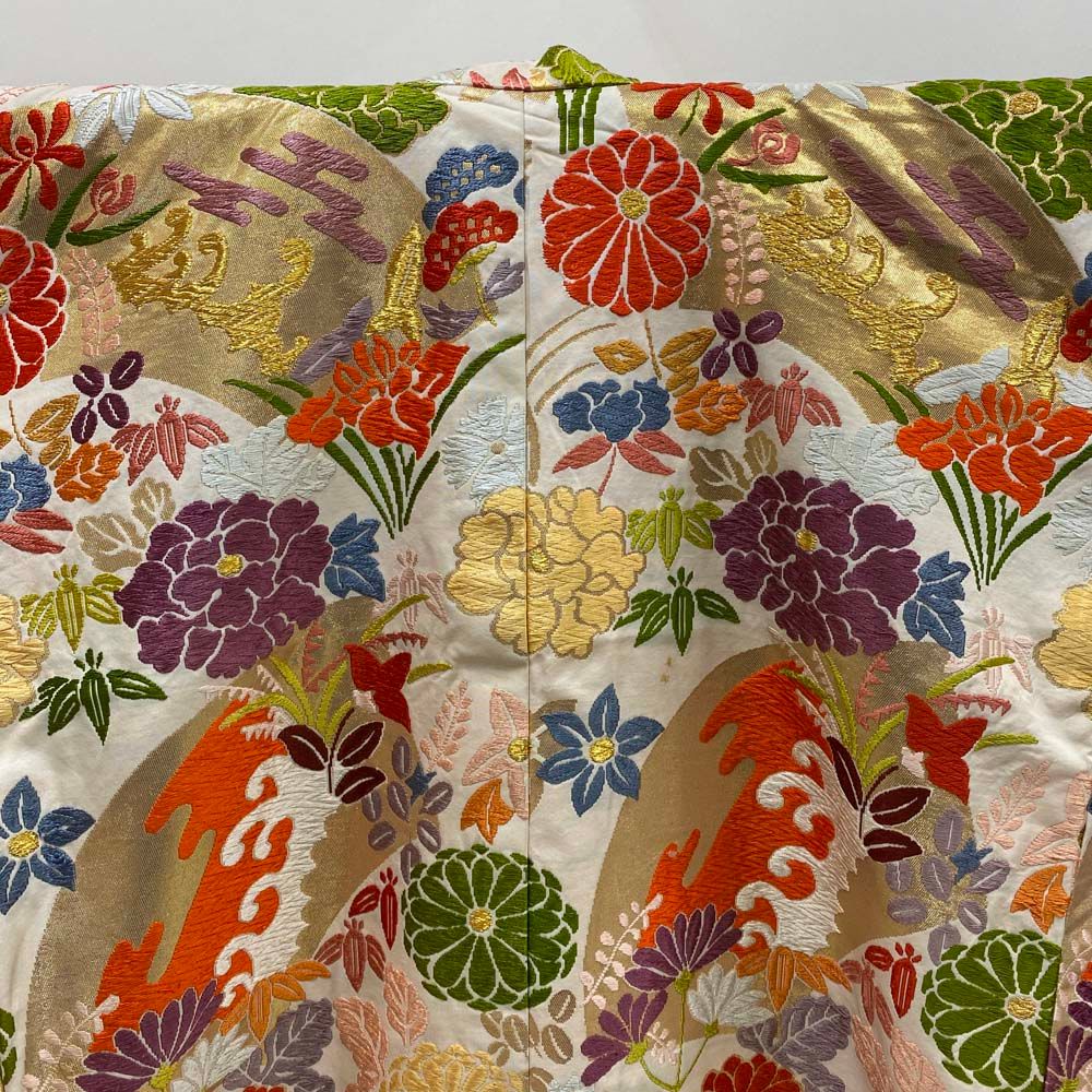 色打掛 正絹 鶴 刺繍 金 白 打掛 Mサイズ 裄66 花嫁衣裳 婚礼  