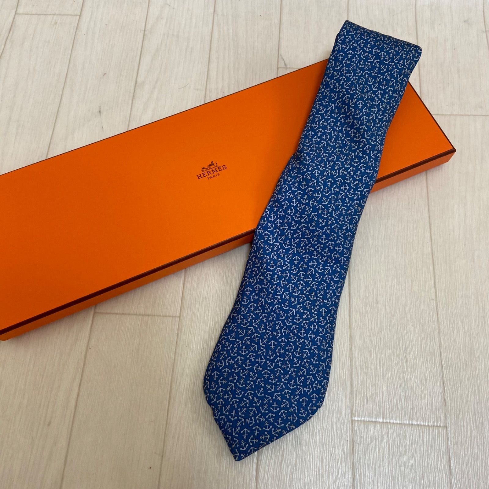 美品⭐️HERMES いかり模様 ネクタイ 鑑定済み】HERMES エルメス シルク100% ネクタイ いかり 錨