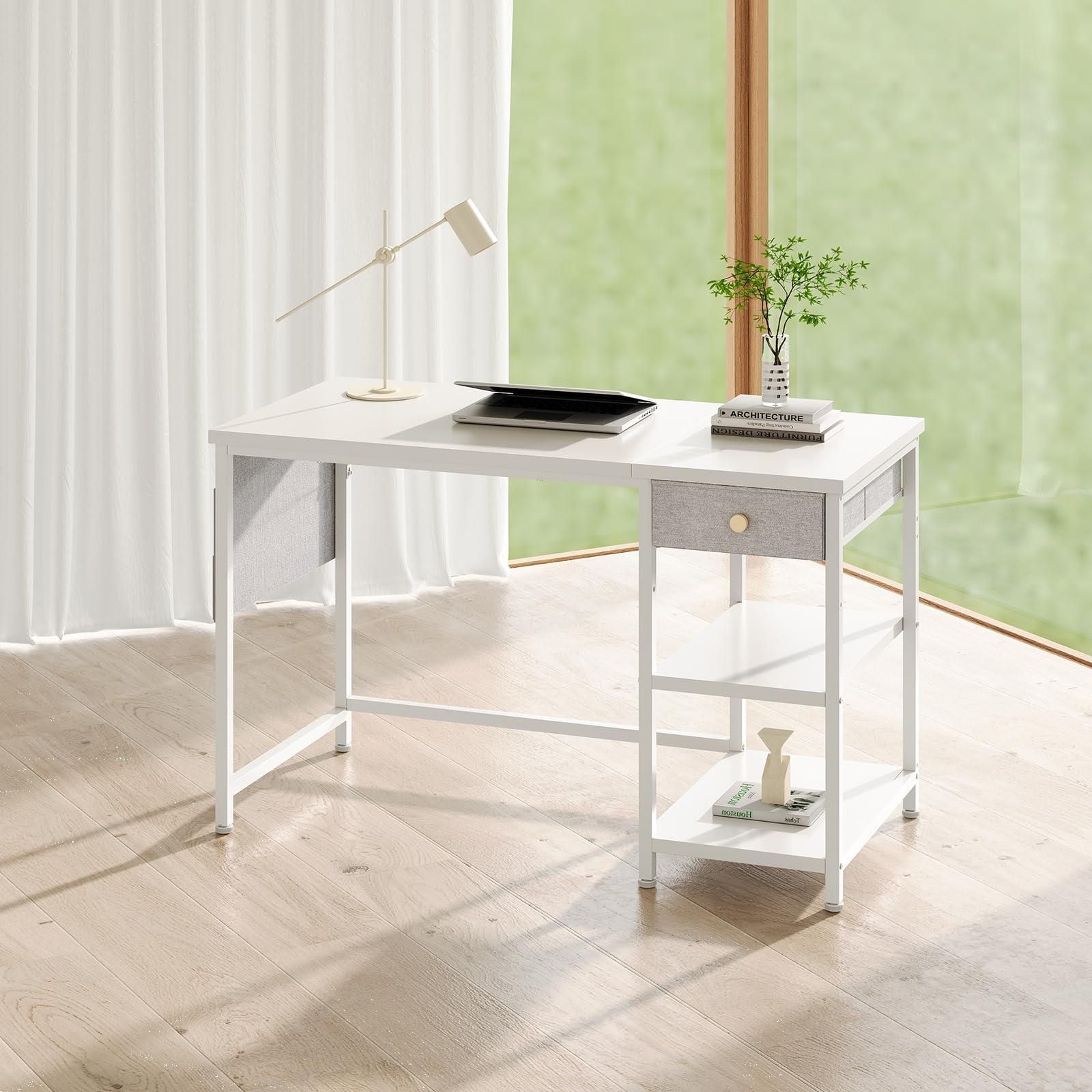 大人 勉強机 つくえ ラック付きデスク パソコンデスク 幅120cm×奥行55cm 布製引き出し付き 在宅ワークデスク pcデスク オフィスデスク 収納ラック 机 収納袋付き 学習机 デスク 左右入替可 テレワーク YeTom 在宅勤務 白い