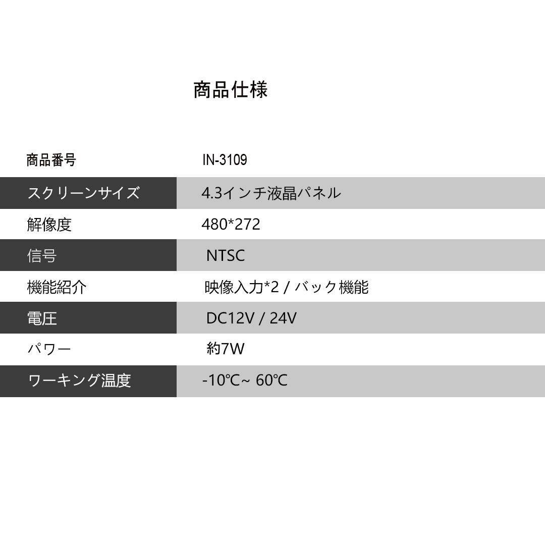 4.3インチバックミラーモニター 2画面 AV入力 簡単取付 12V/24V対応 ...