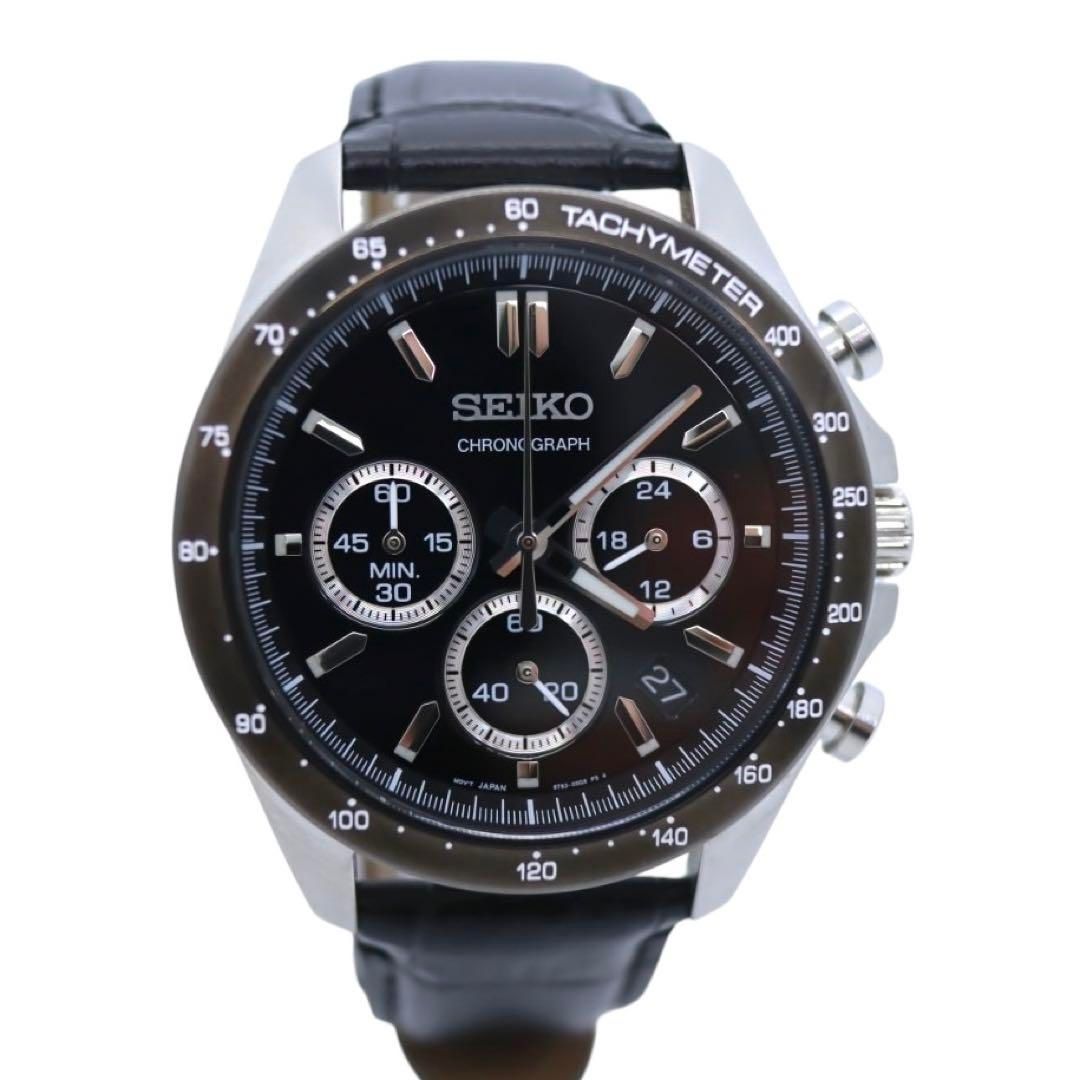 SEIKO クロノグラフ 8T63-00D0 美品 セイコー クロノグラフ 8T63-00D0 SS×革 QZ 黒文字盤 ABランク