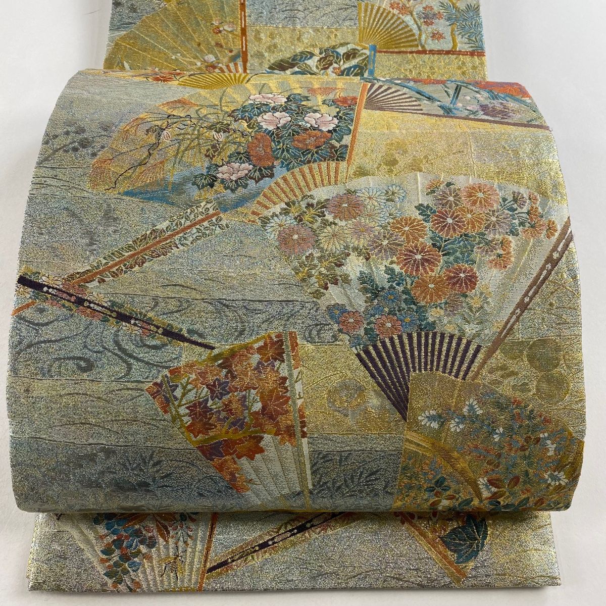 H-648 袋帯 正絹 お太鼓柄 金糸 箔 華模様 花丸模様 扇柄 金 袋帯 名品 琳派三十六華扇 金糸 箔 金色 お太鼓柄 正絹 【中古