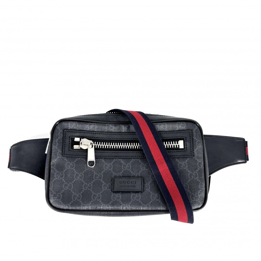 グッチ ウエストバッグ メンズ スモール ベルトバッグ ボディバッグ ウェブストライプ 小さめ かばん 鞄 GUCCI 474293 GGスプリームキャンバス レザー ブラック 黒 シルバー金具 品