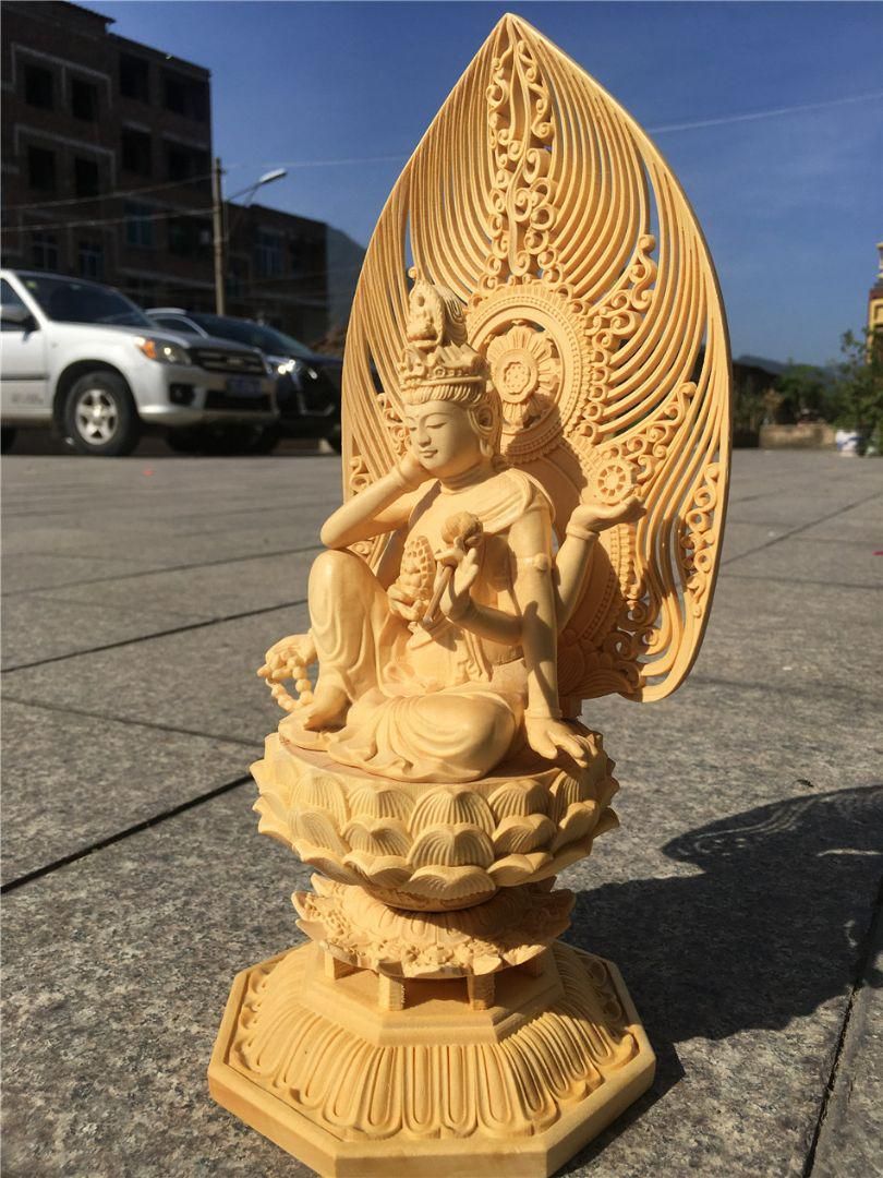 新品未使用 開運 仏像 高級天然木彫り 如意輪六臂観音 精密彫刻