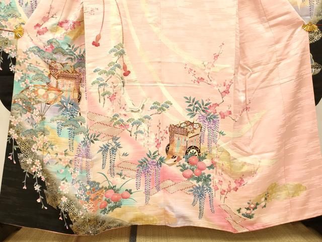 平和屋着物■豪華振袖　御所車飛鶴花文　暈し染め　金銀彩　正絹　逸品　BAAV0618mz