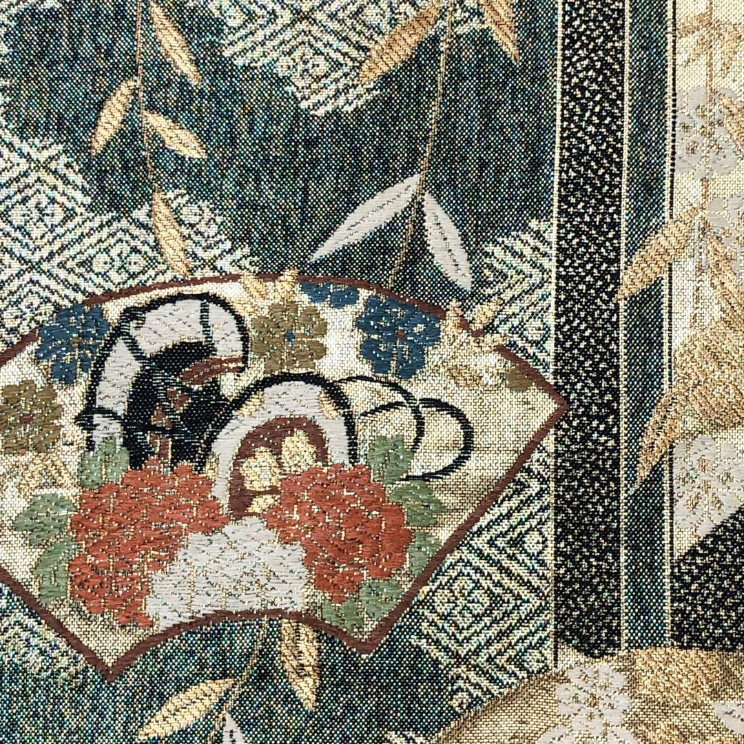 袋帯 慶長華小袖 地紙に花模様 御所車 鼓 碧色 金糸 O-4826 - メルカリ 